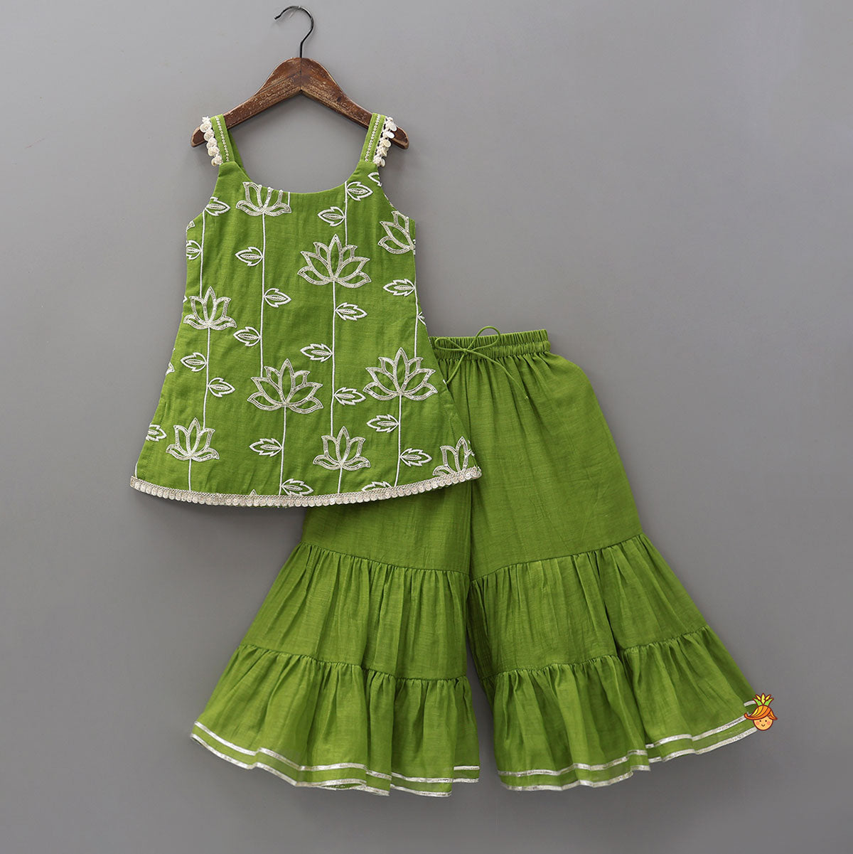 Lotus-Embroidered Strappy Kurti With Sharara