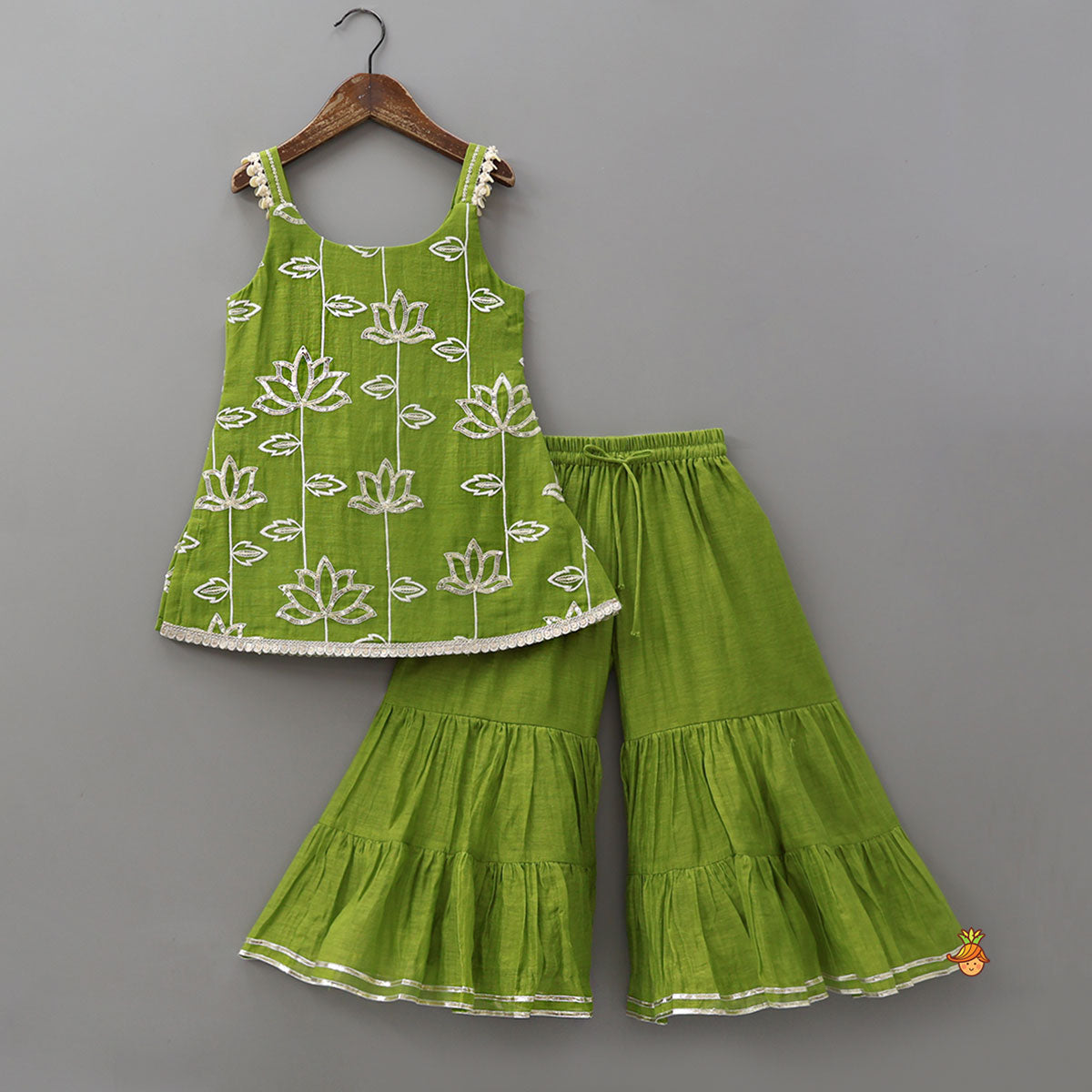Lotus-Embroidered Strappy Kurti With Sharara