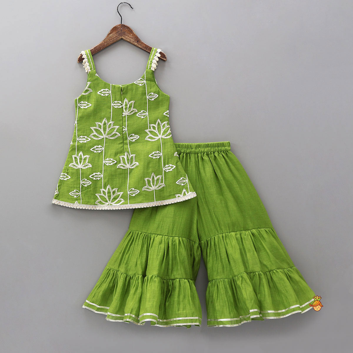 Lotus-Embroidered Strappy Kurti With Sharara