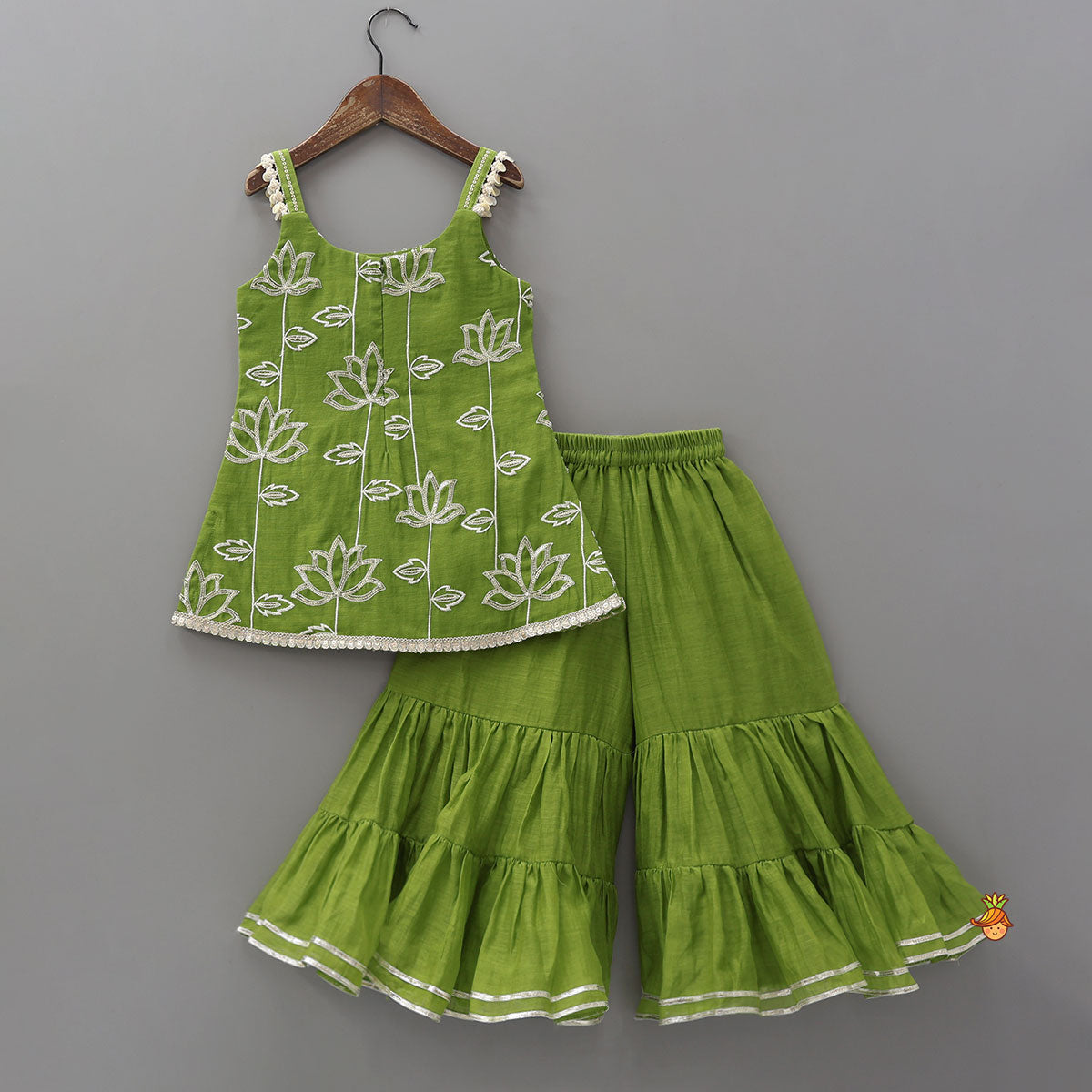 Lotus-Embroidered Strappy Kurti With Sharara