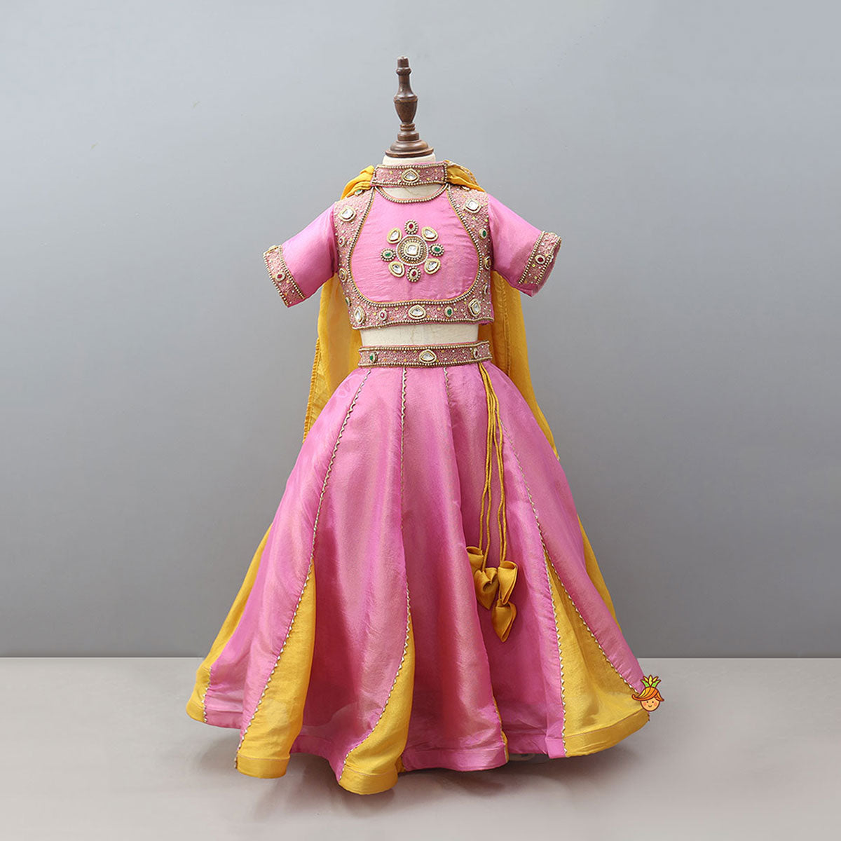 Shimmery Handcrafted Crop Top And Lehenga With Contrasting Dupatta