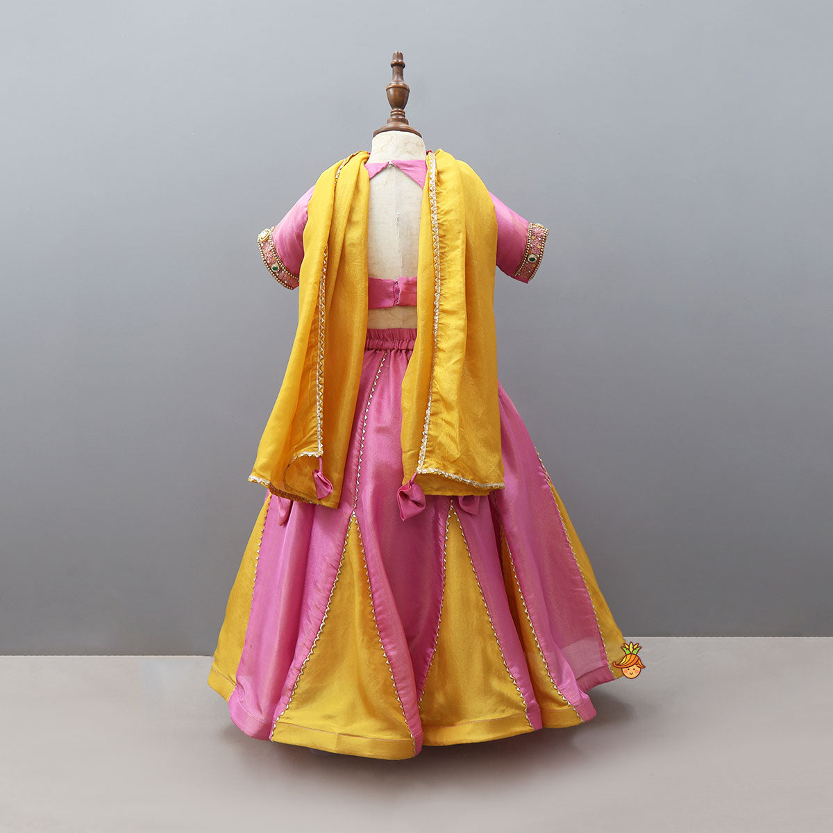 Shimmery Handcrafted Crop Top And Lehenga With Contrasting Dupatta