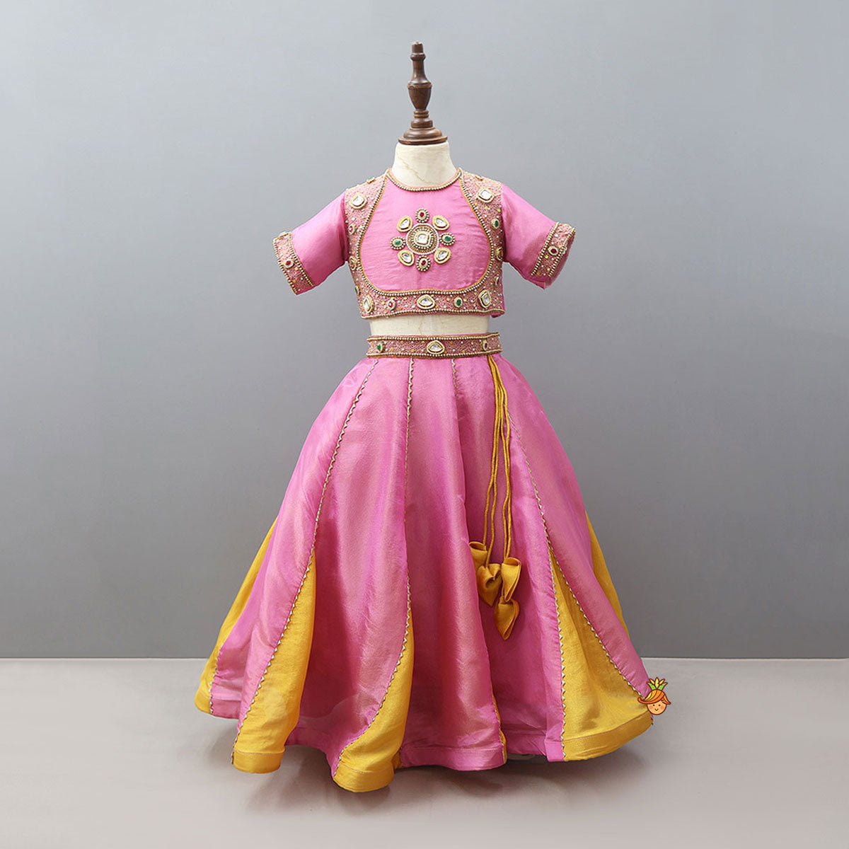 Shimmery Handcrafted Crop Top And Lehenga With Contrasting Dupatta
