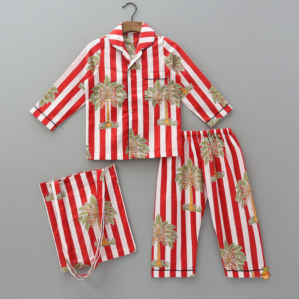 Tree Printed Striped Sleepwear Set With Matching Tote Bag