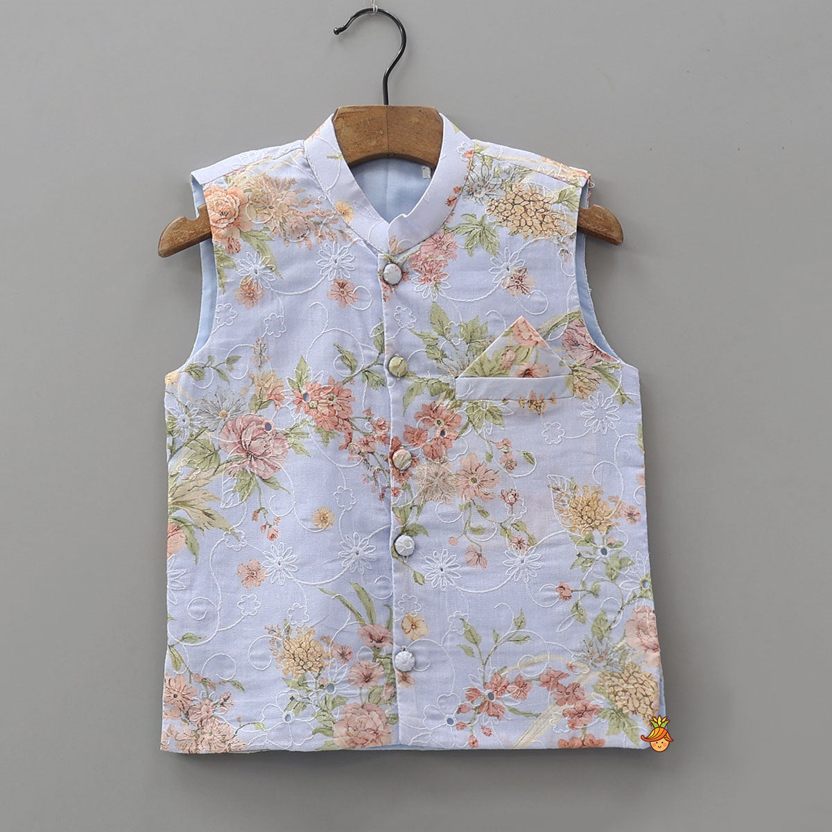 Floral Printed Kurta With Matching Jacket And Pyjama