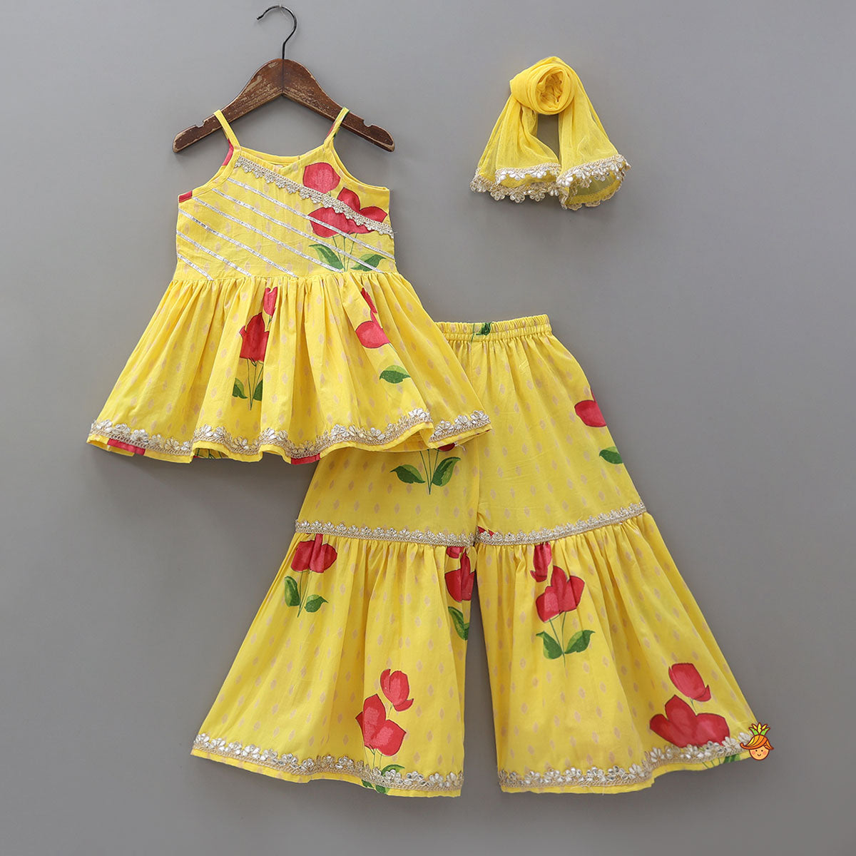Vibrant Floral Strappy Peplum Top With Sharara And Dupatta
