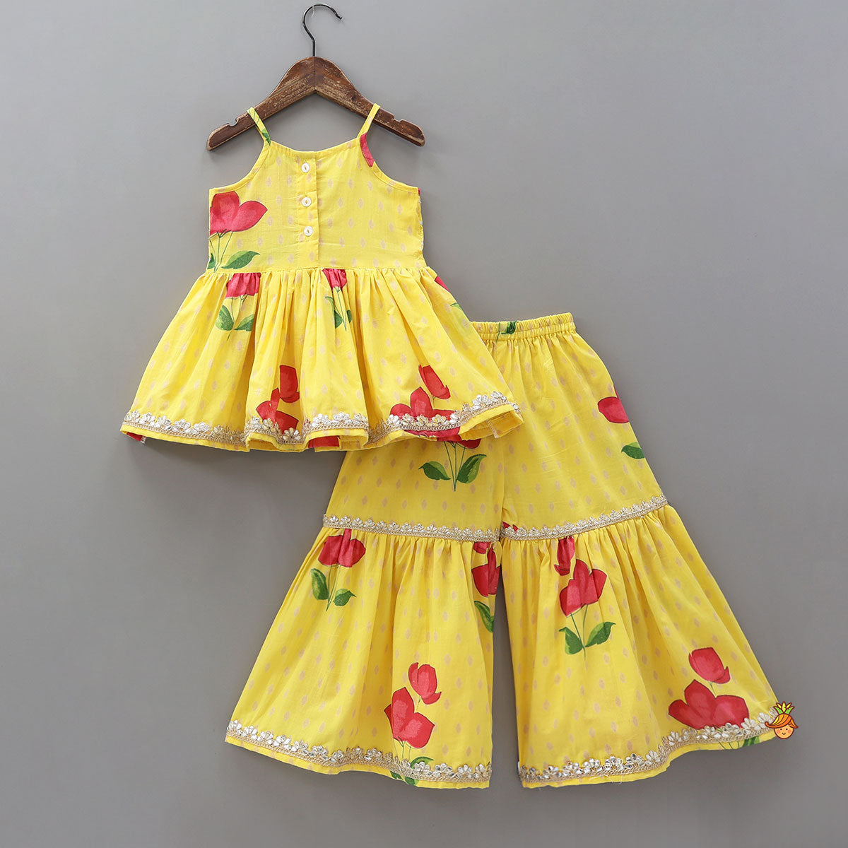 Vibrant Floral Strappy Peplum Top With Sharara And Dupatta