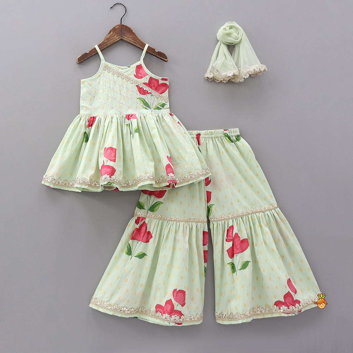 Floral Strappy Peplum Top With Sharara And Dupatta