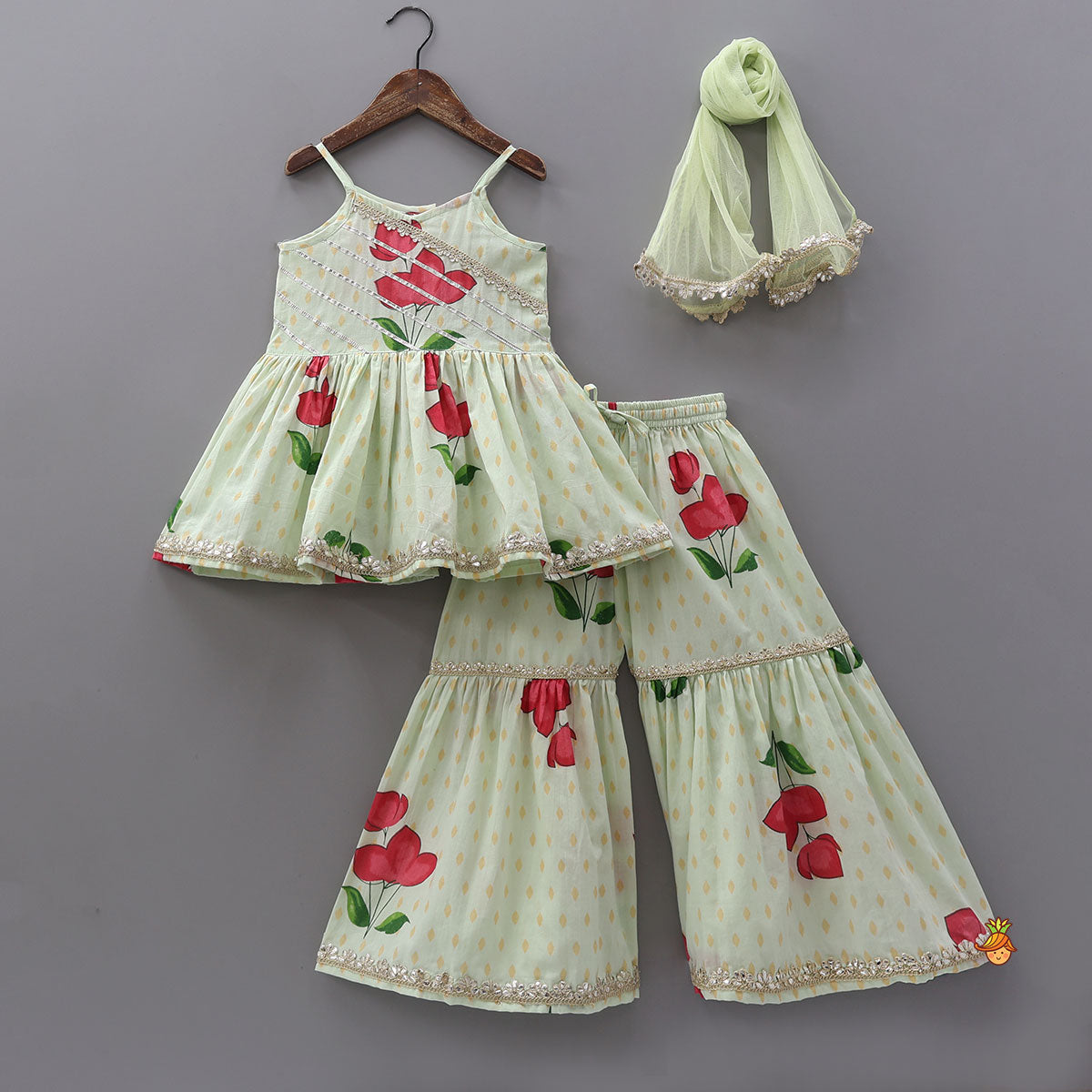 Floral Strappy Peplum Top With Sharara And Dupatta