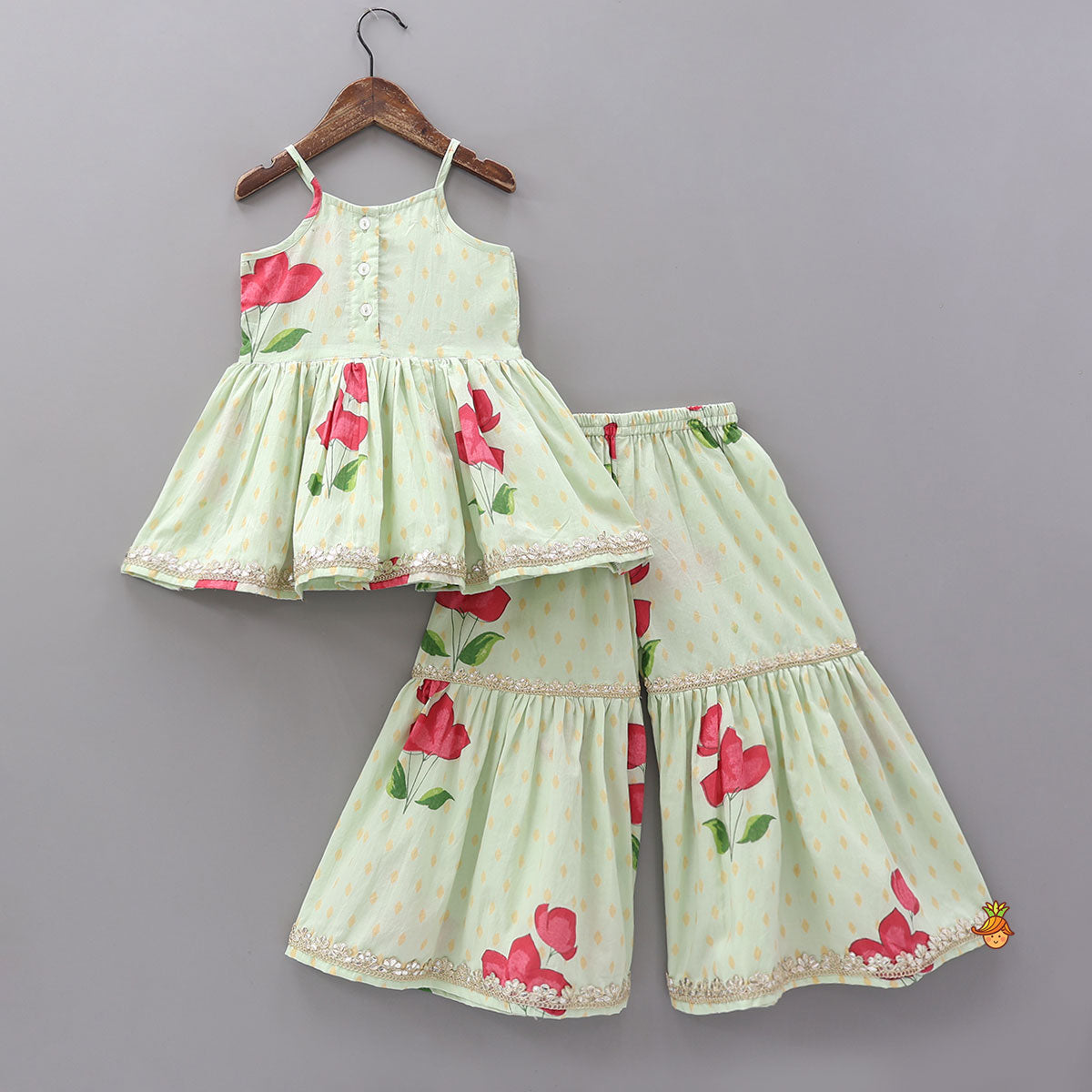 Floral Strappy Peplum Top With Sharara And Dupatta