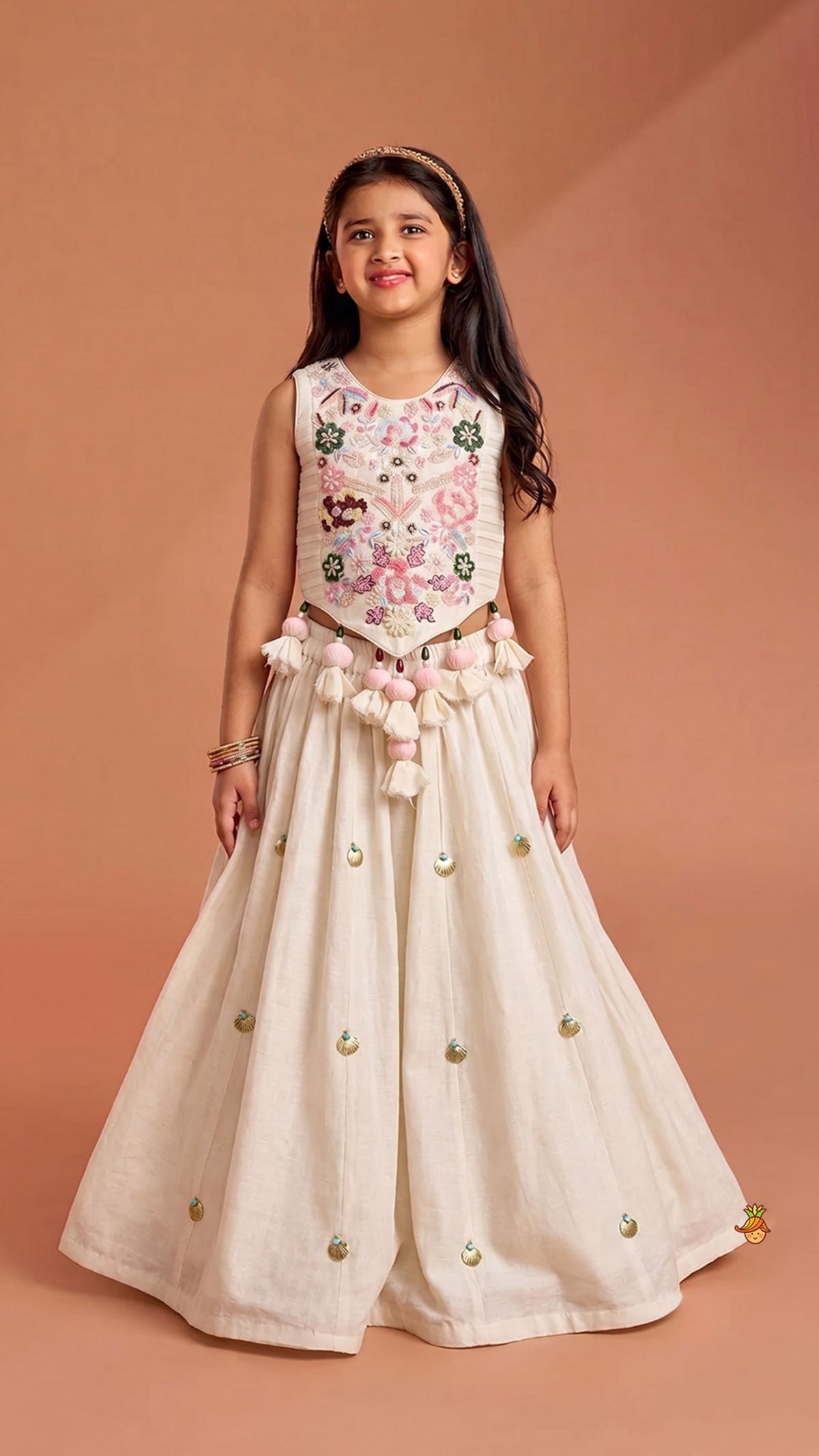 Tassel Detailed Floral Embroidered Top With Palazzo
