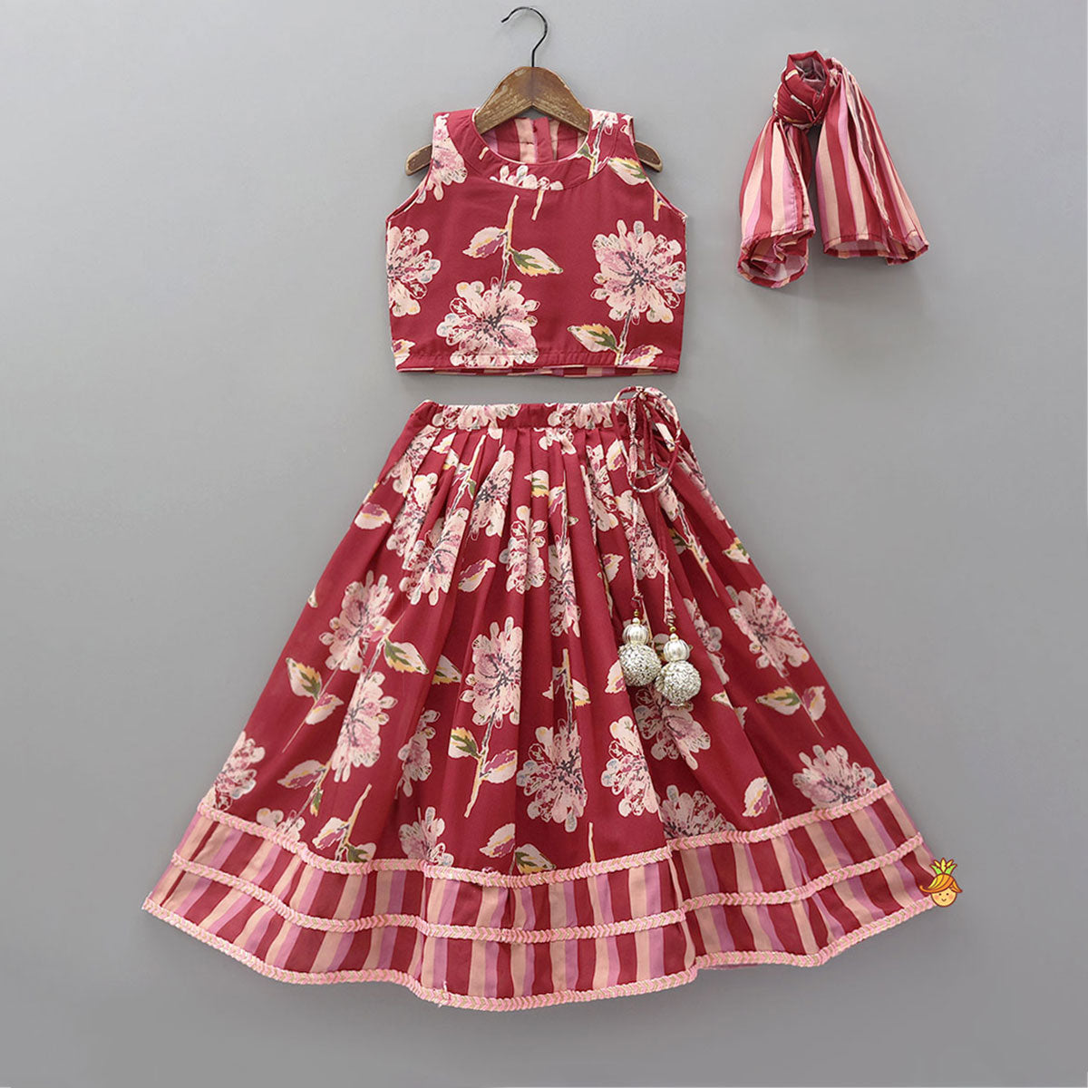 Floral Printed Crop Top And Lehenga With Dupatta