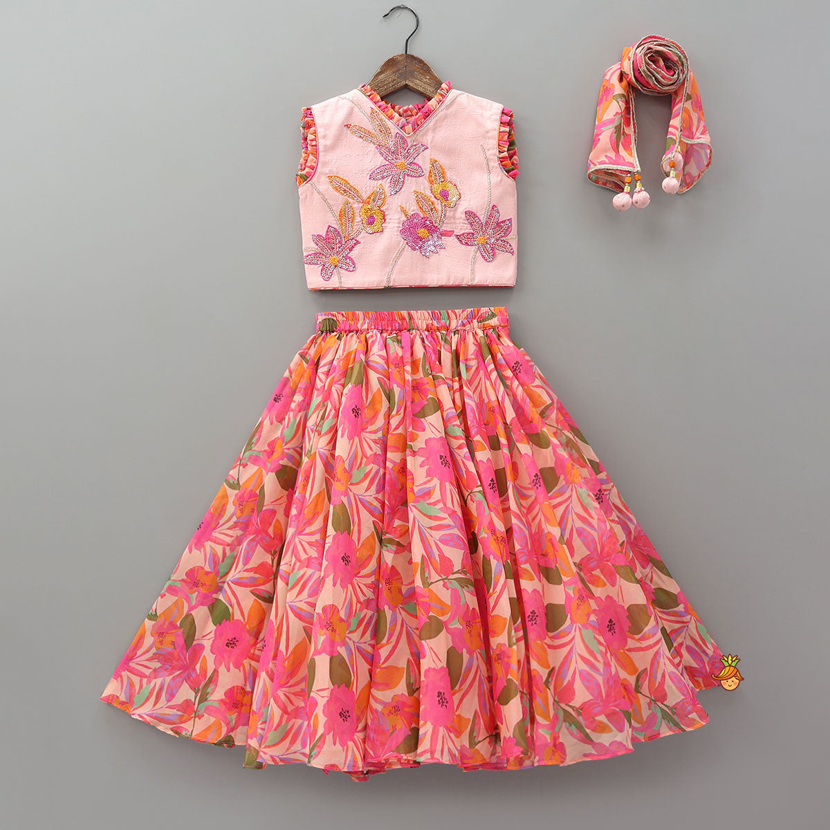 Floral Applique Embroidered Crop Top And Printed Lehenga With Dupatta