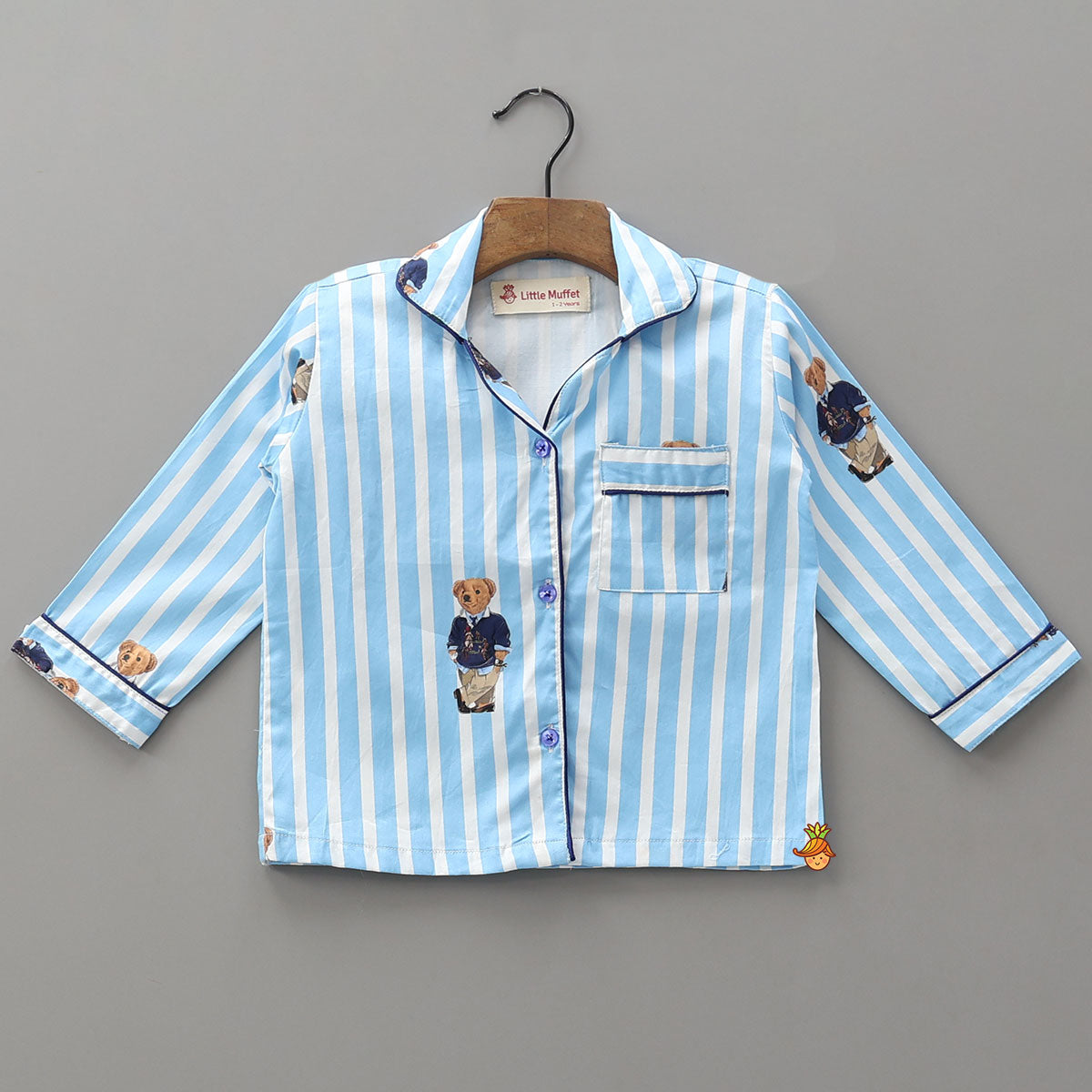 Teddy Print Striped Shirt And Pyjama