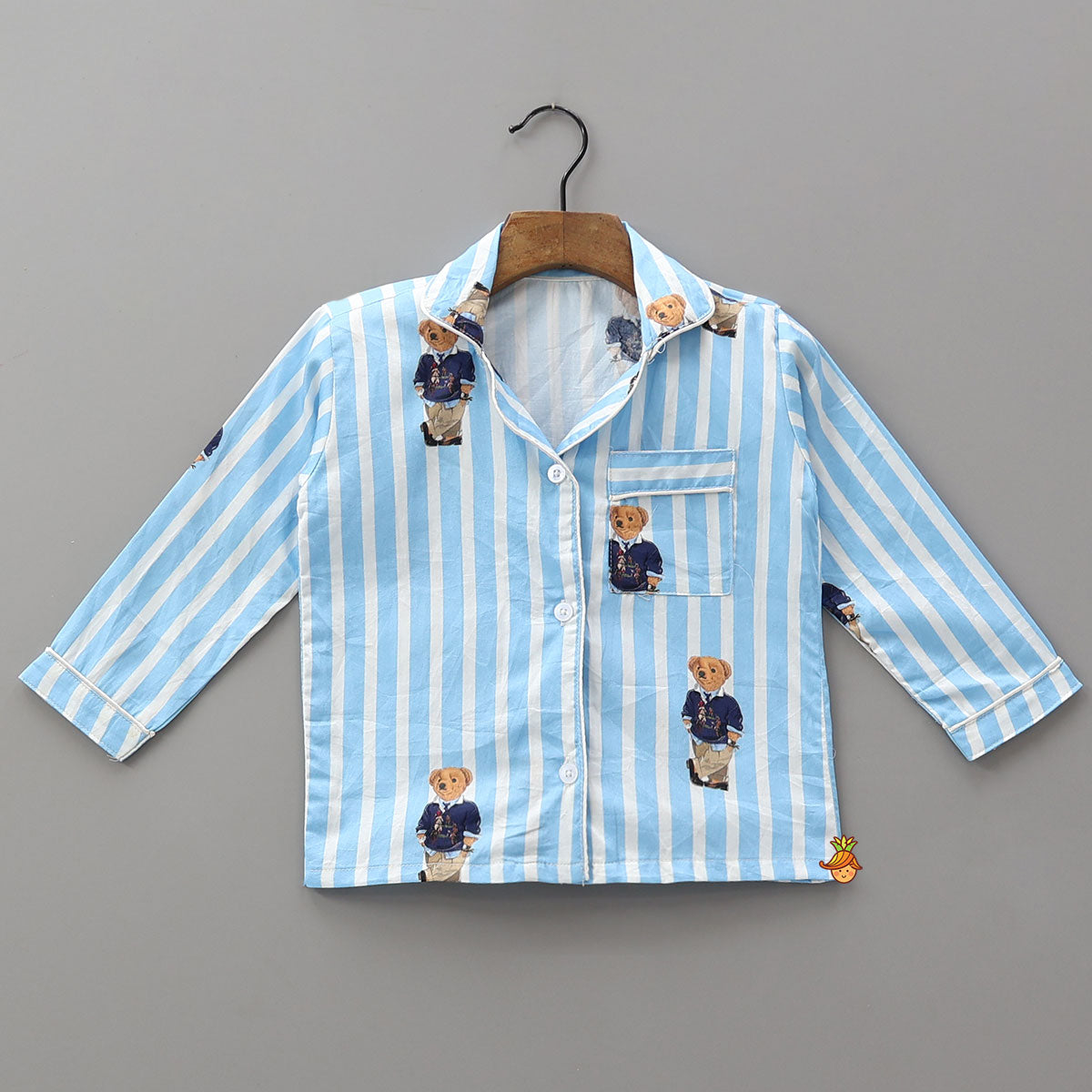 Teddy Print Striped Shirt And Pyjama