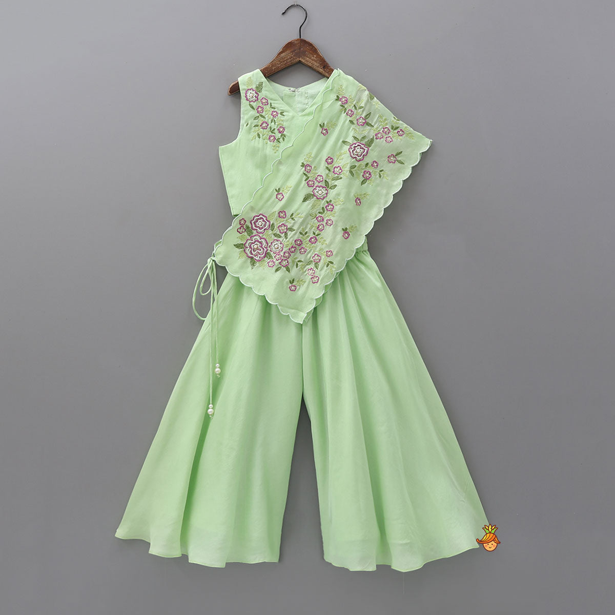 Floral Hand Embroidered Top With Flared Palazzo And Attached Dupatta