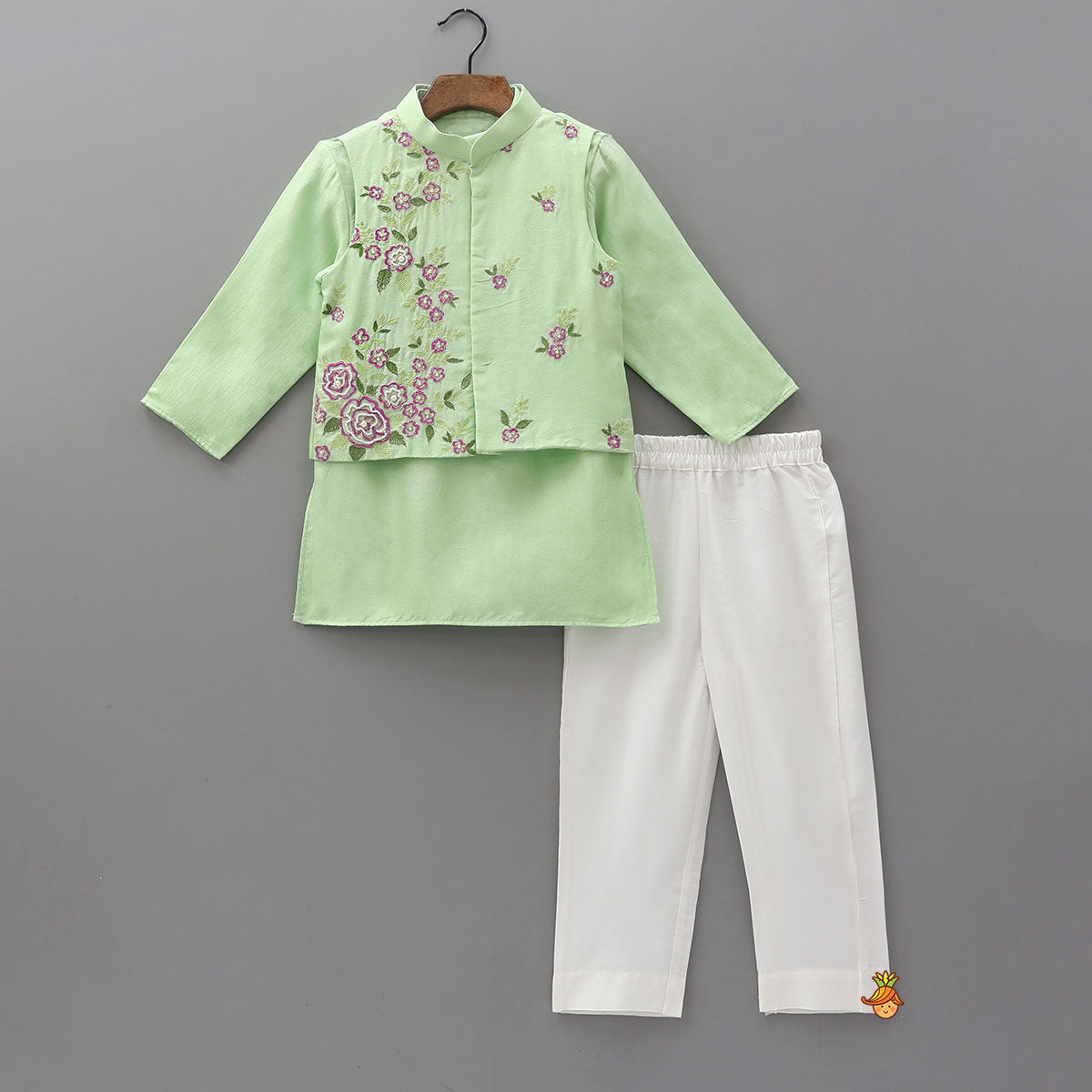 Ethnic Silk Kurta With Floral Embroidered Jacket And Pyjama