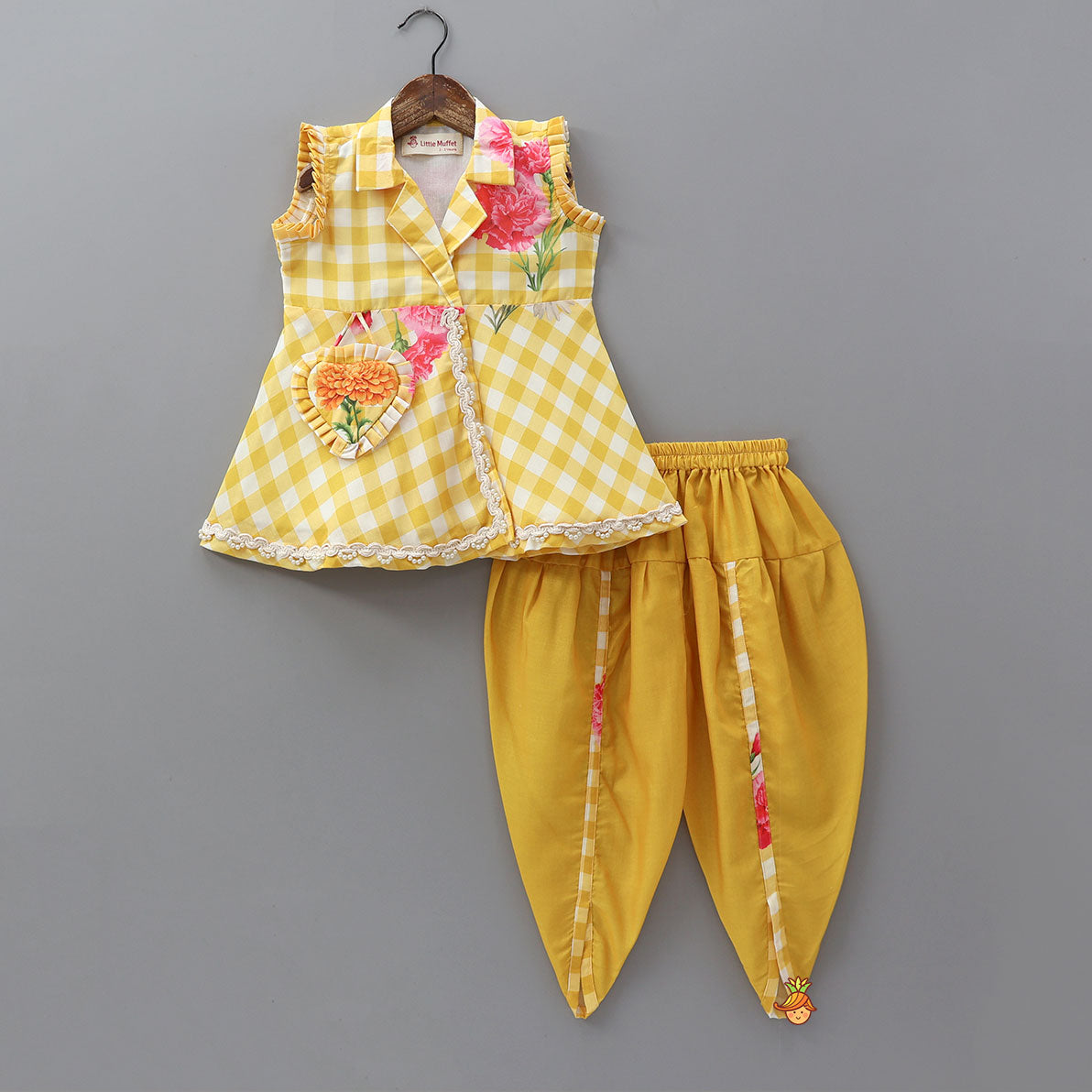 Checkered Printed Notch Collar Top With Dhoti Pant