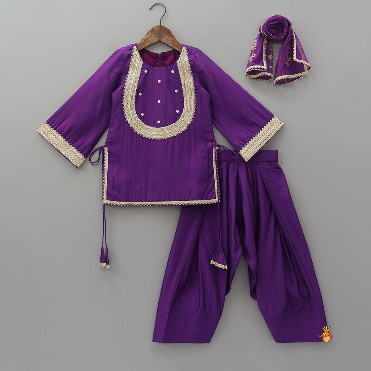 Lace Detailed Kurta With Farshi Salwar And Dupatta