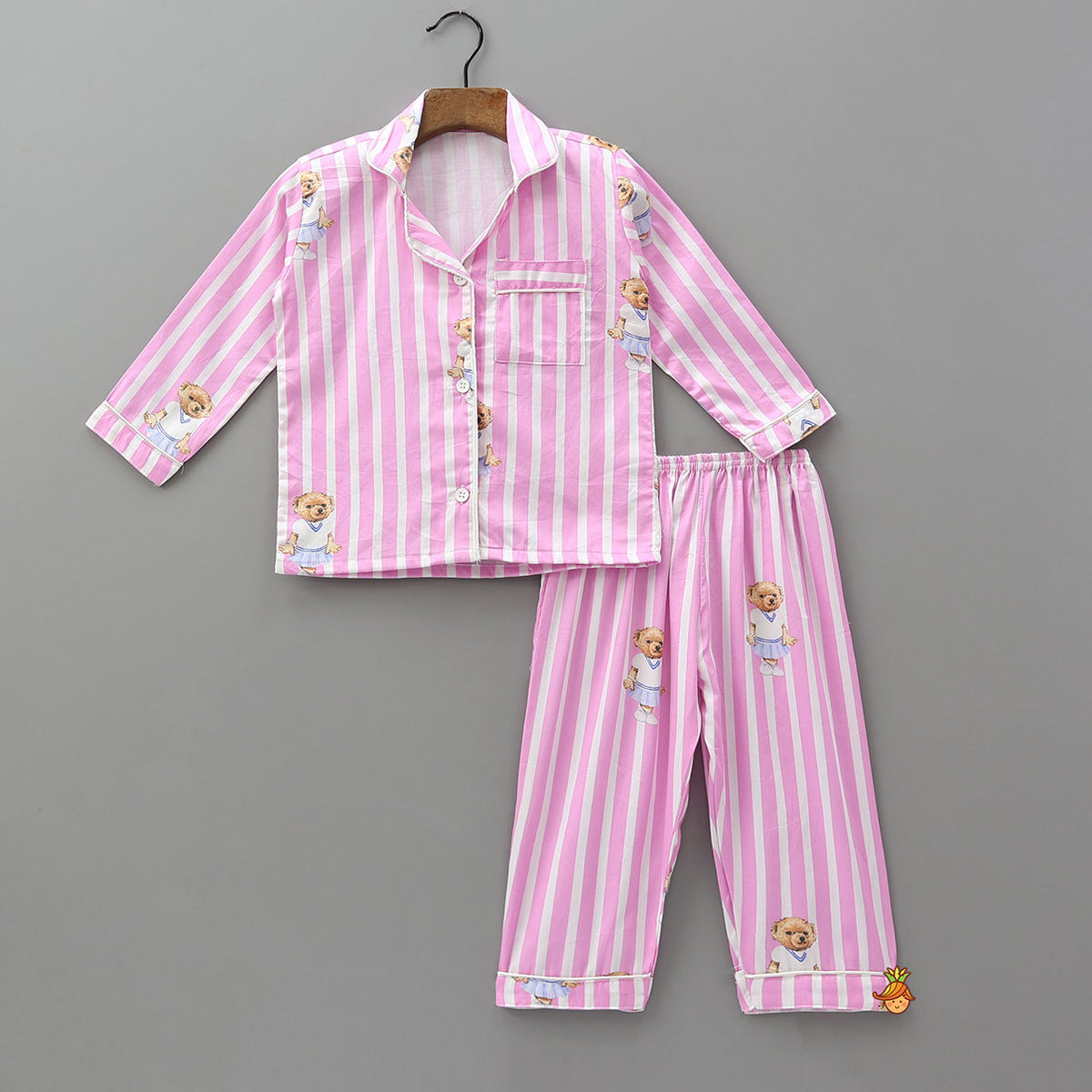 Cute Bear Printed Striped Sleepwear Set