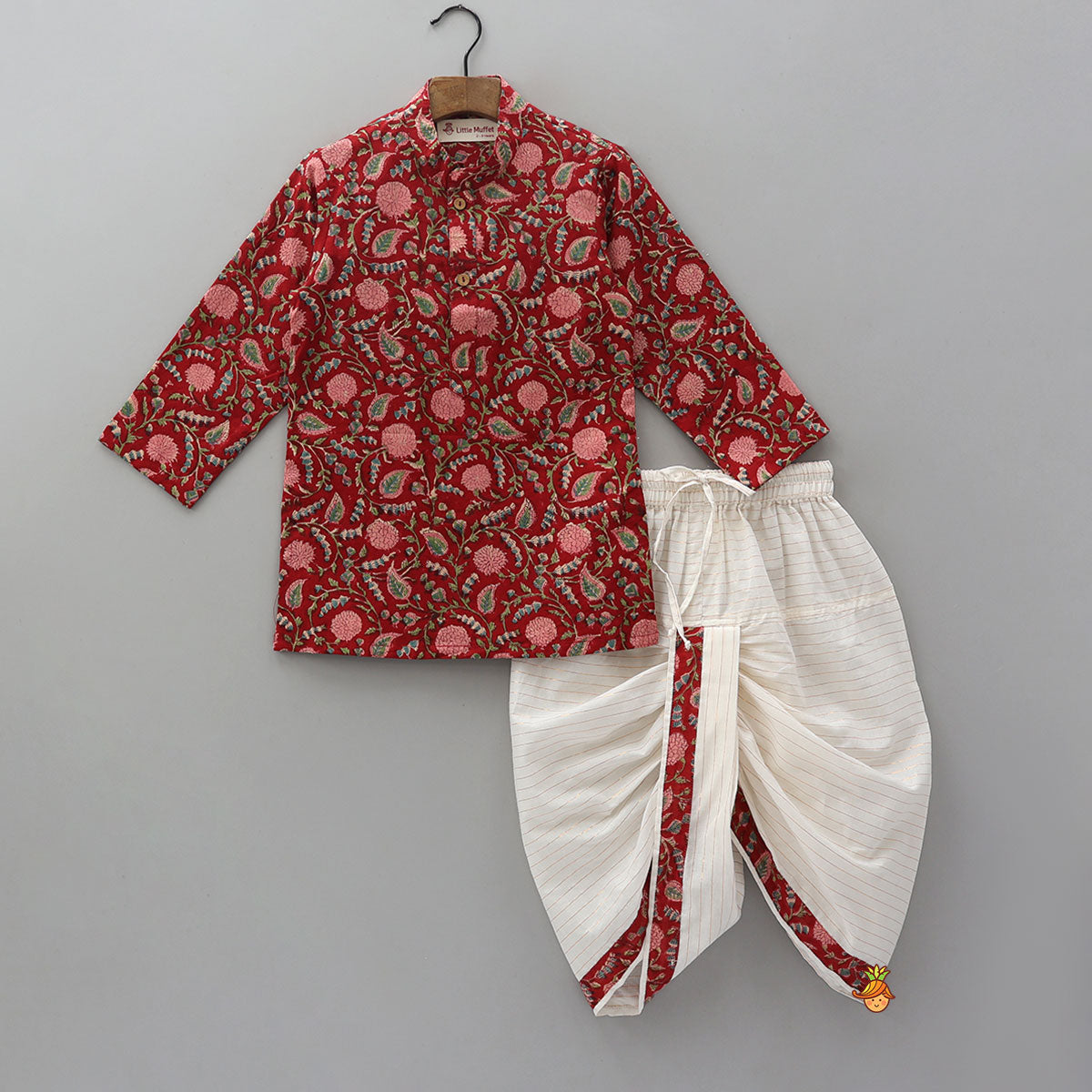 Ethnic Kurta With Loop Buttons Detail Jacket And Dhoti