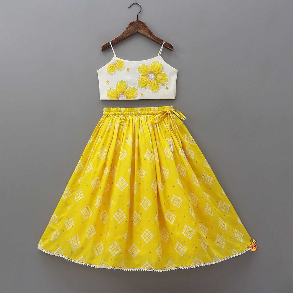Floral Applique Strappy Top With Bandhani Print Lehenga