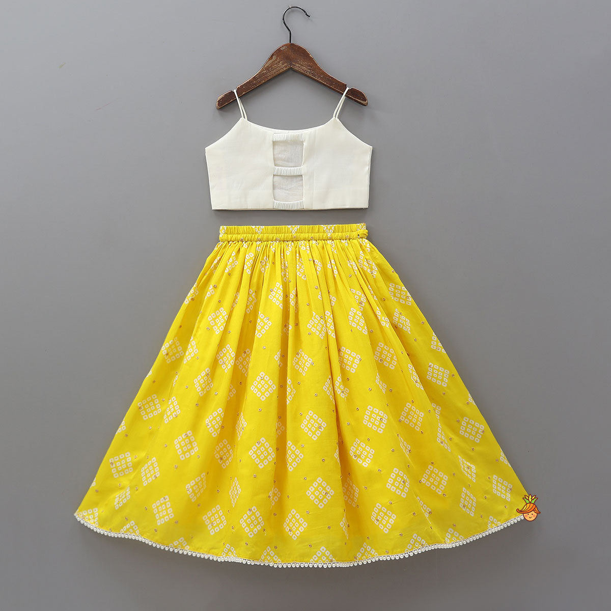 Floral Applique Strappy Top With Bandhani Print Lehenga