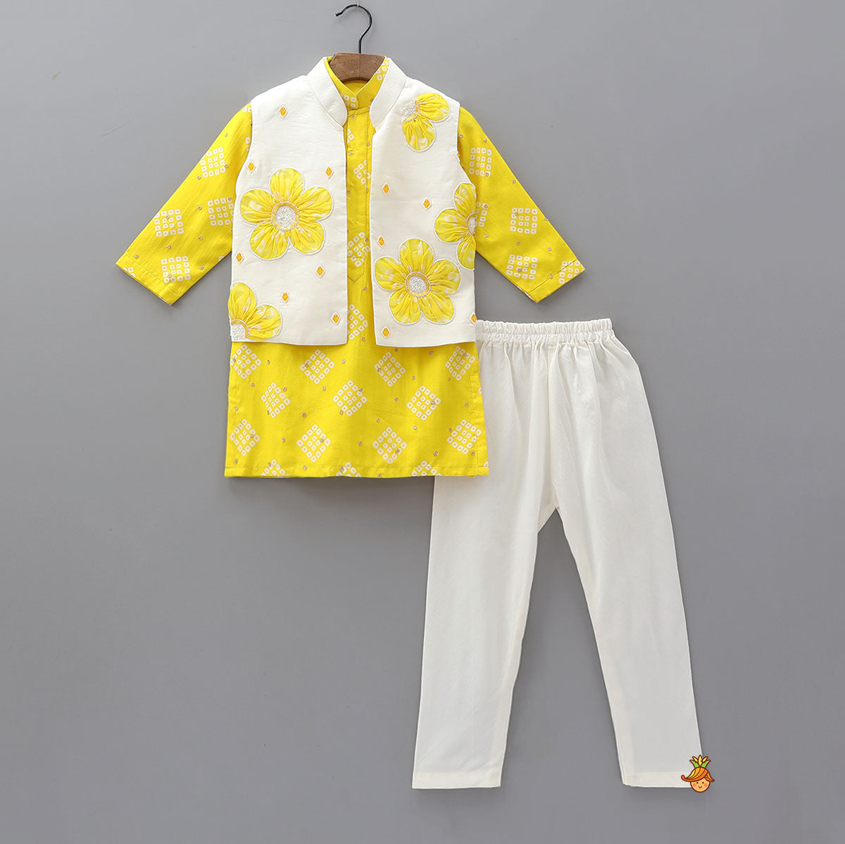 Bandhani Print Kurta With Floral Applique Jacket And Churidar