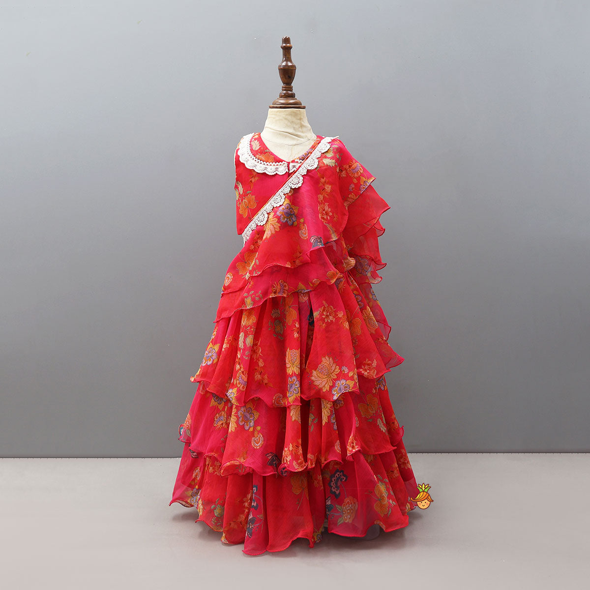 Floral Draped Overlay Top With Lehenga And Waistbelt