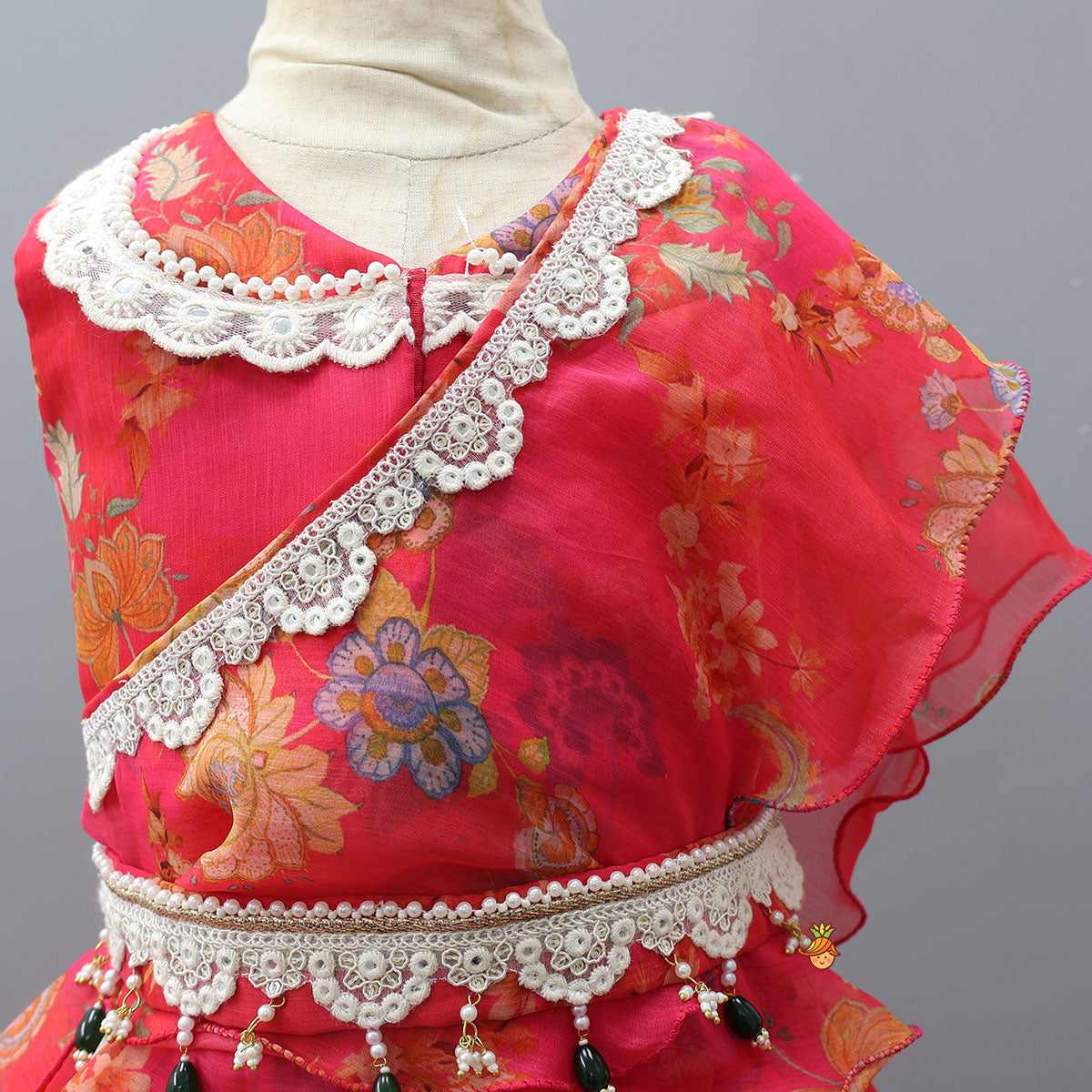 Floral Draped Overlay Top With Lehenga And Waistbelt