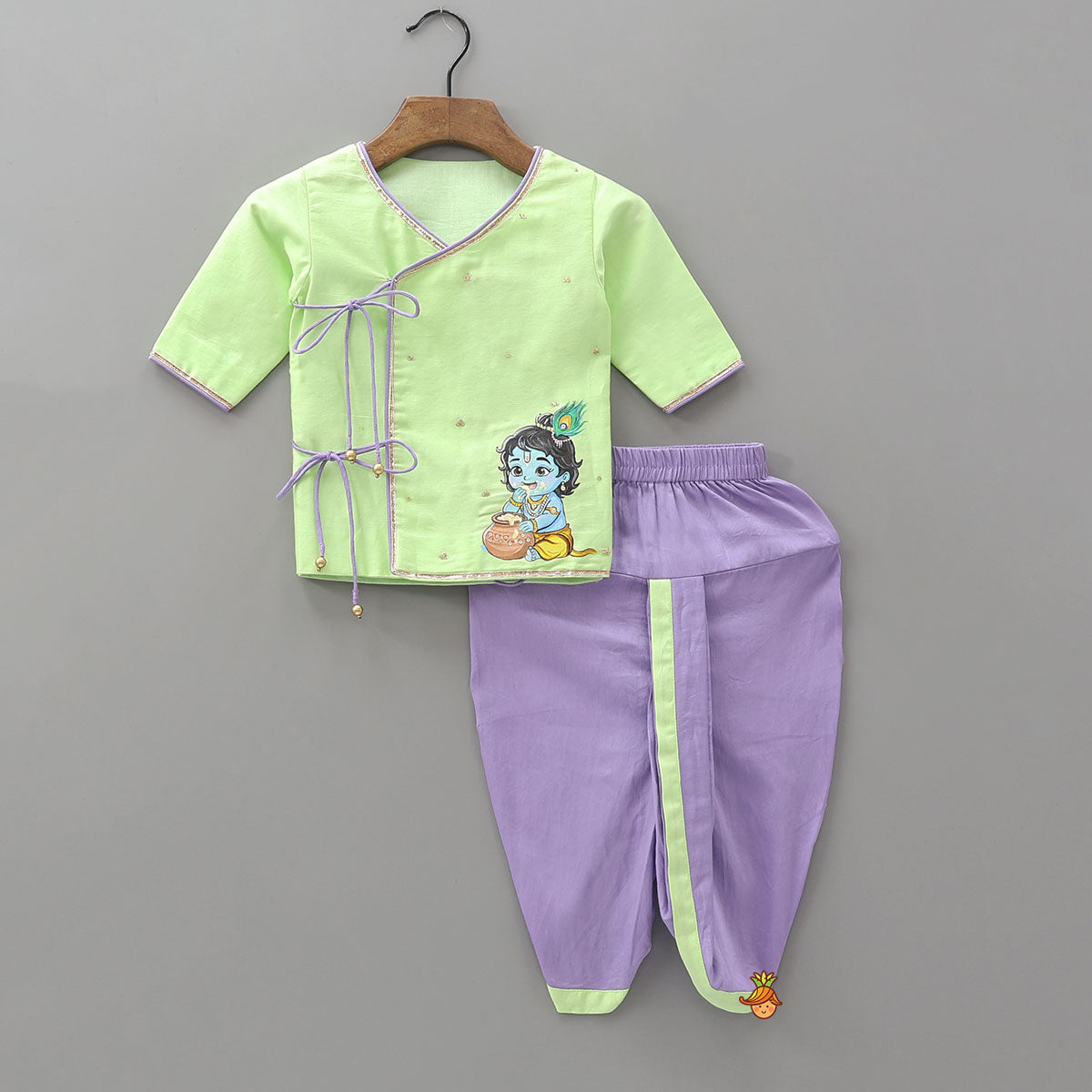 Hand Painted Krishna Motif Kurta And Dhoti With Morpankh Mukut And Basuri