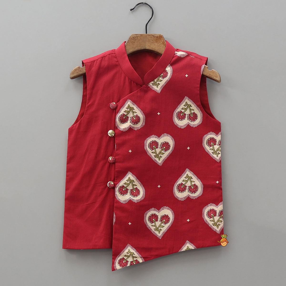 Asymmetric Heart Motif Printed Overlay Kurta With Jacket and Pyjama