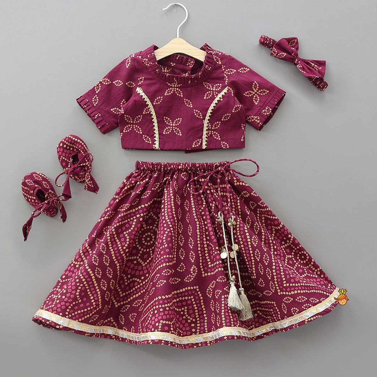 Bandhani Printed Elegant Crop Top And Lehenga With Matching Booties And Head Band
