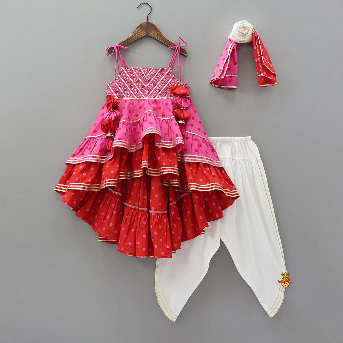 High Low Layered Kurti And Dhoti Style Pant With Dupatta