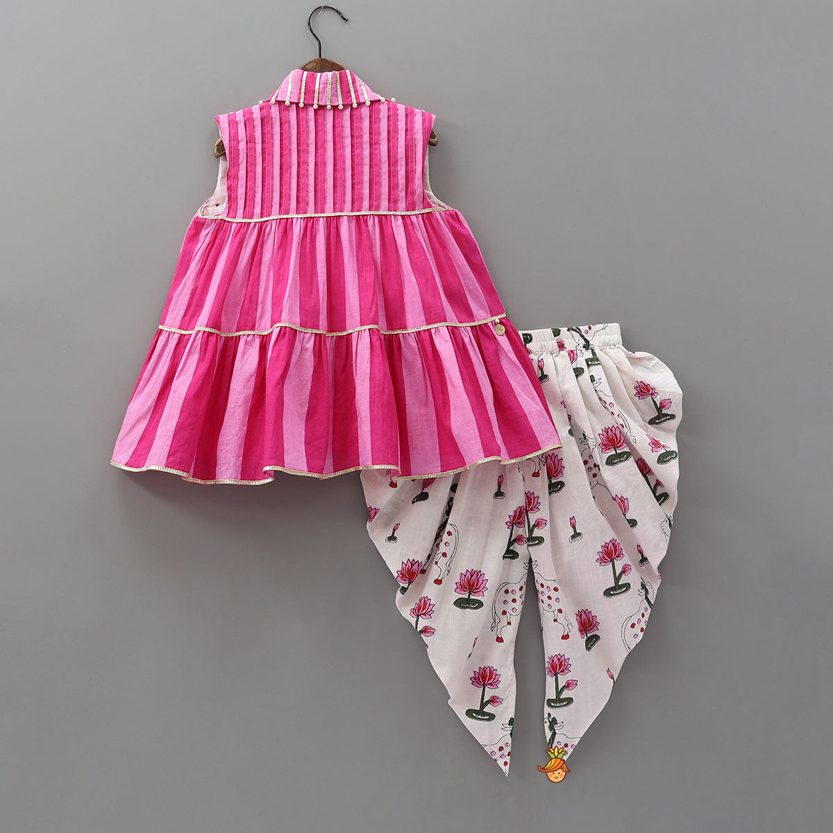 Stripe Printed Kurti With Floral Printed Dhoti And Potli Bag