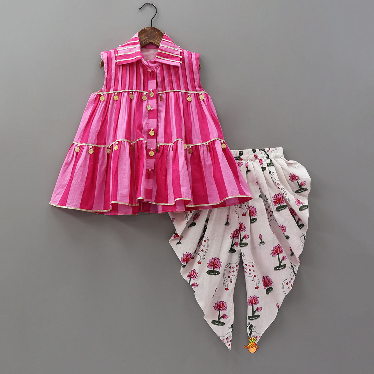 Stripe Printed Kurti With Floral Printed Dhoti And Potli Bag
