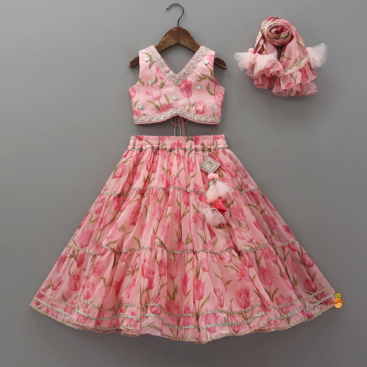 Floral Printed Crop Top And Lehenga With Matching Dupatta