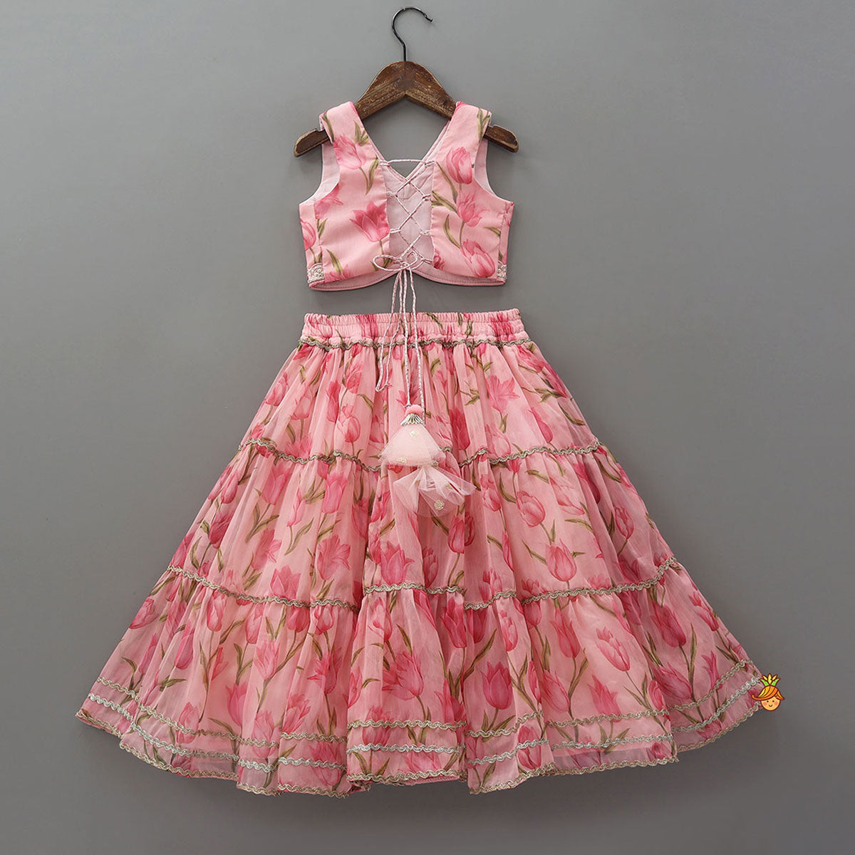 Floral Printed Crop Top And Lehenga With Matching Dupatta
