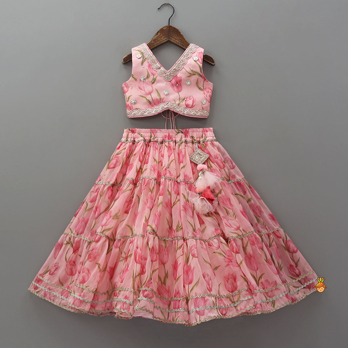 Floral Printed Crop Top And Lehenga With Matching Dupatta