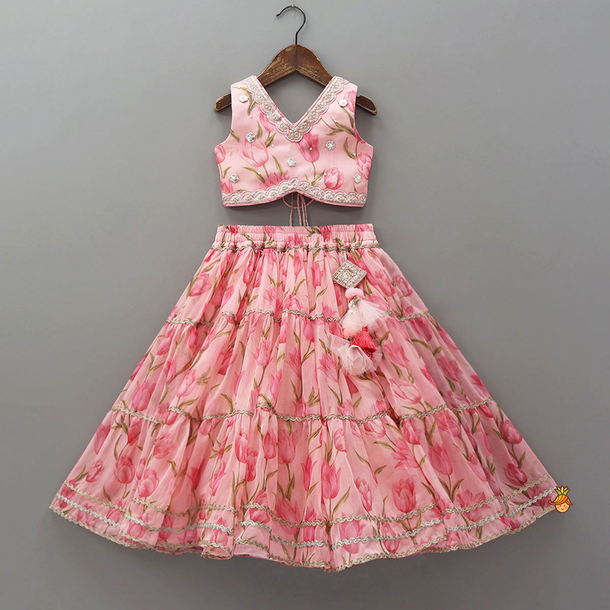 Floral Printed Crop Top And Lehenga With Matching Dupatta