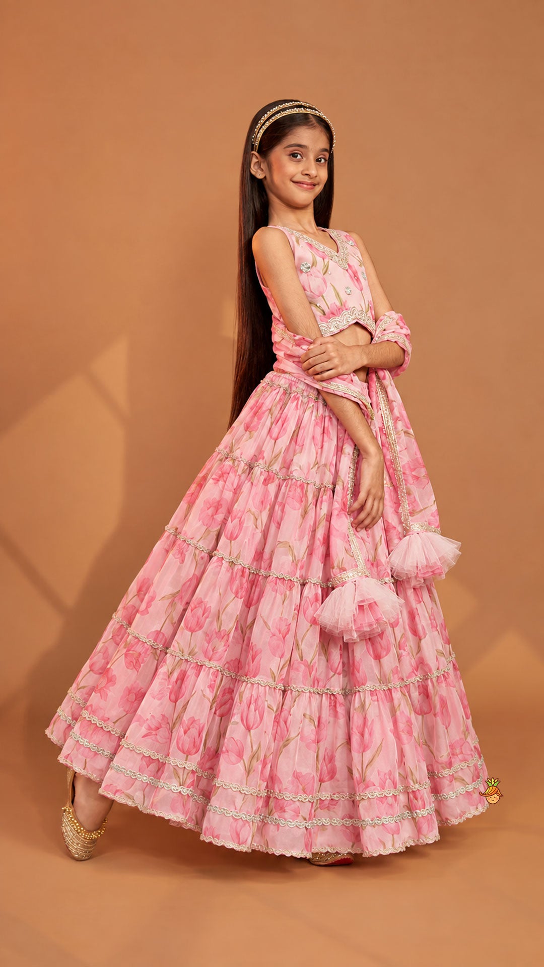 Floral Printed Crop Top And Lehenga With Matching Dupatta
