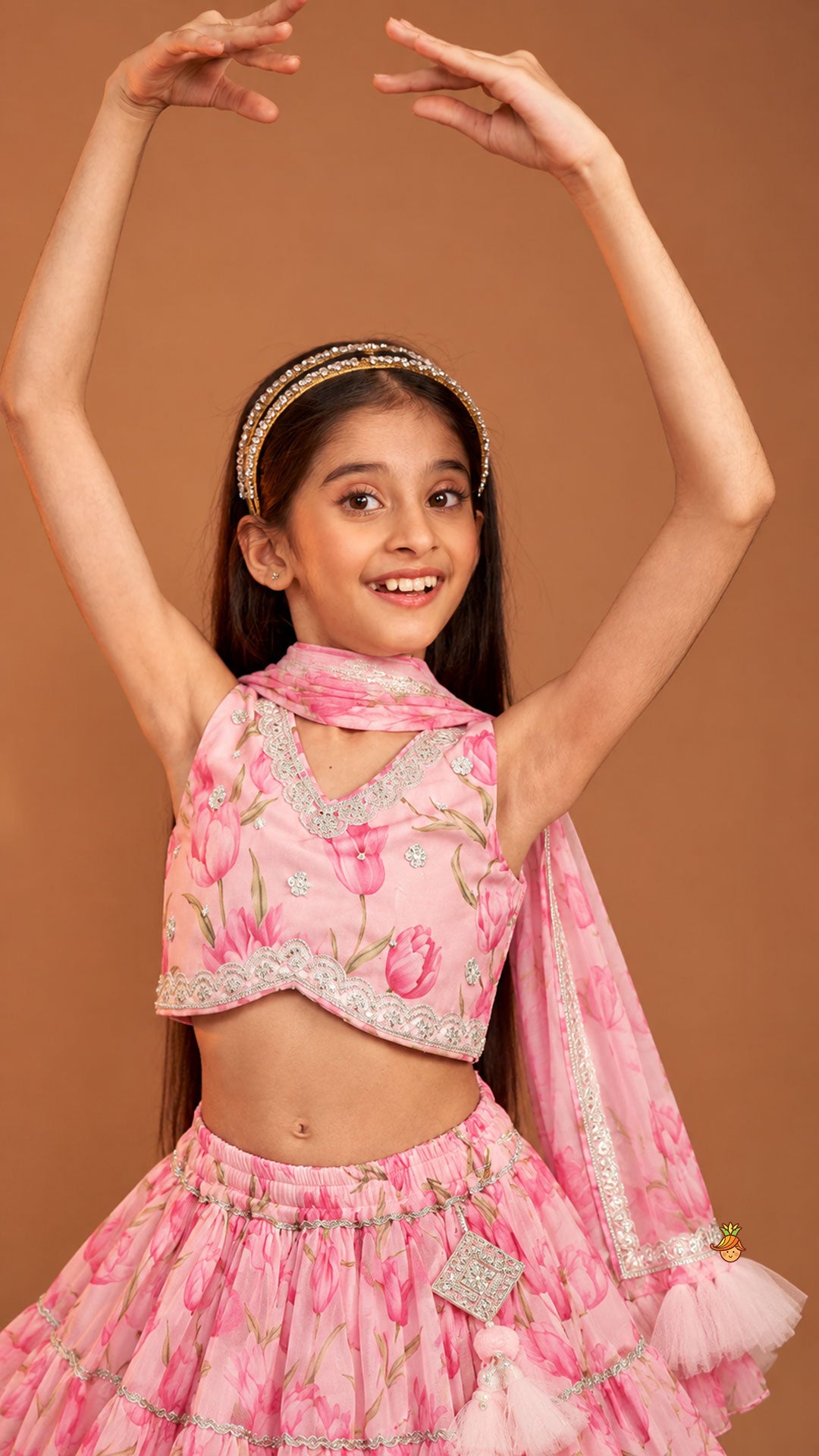 Floral Printed Crop Top And Lehenga With Matching Dupatta