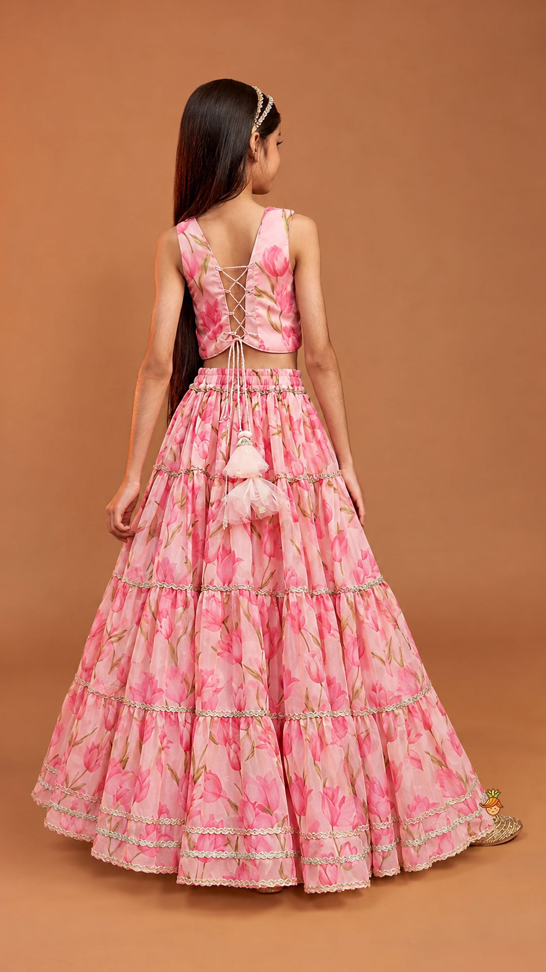 Floral Printed Crop Top And Lehenga With Matching Dupatta