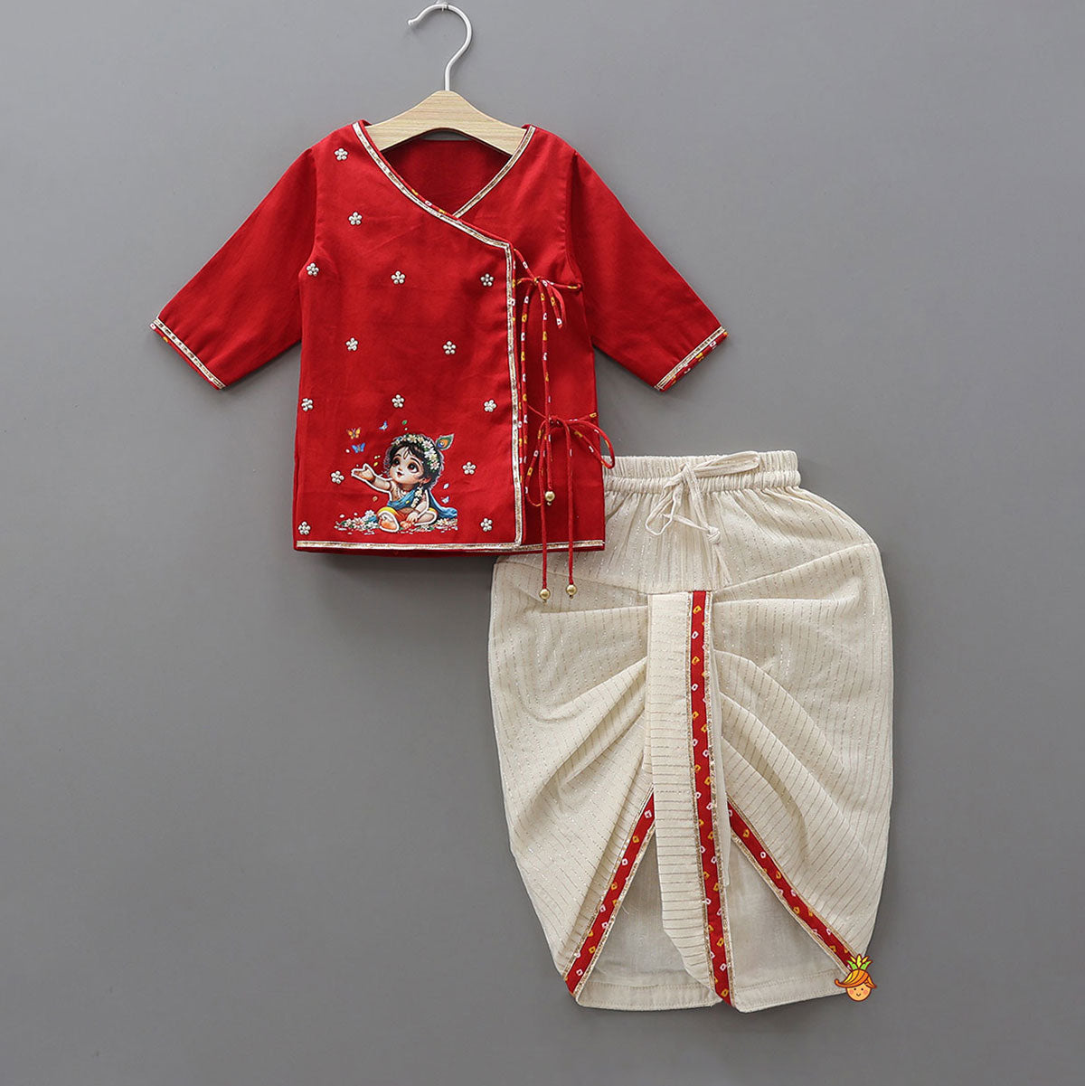 Krishna Motif Printed Kurta And Dhoti With Mukut And Basuri
