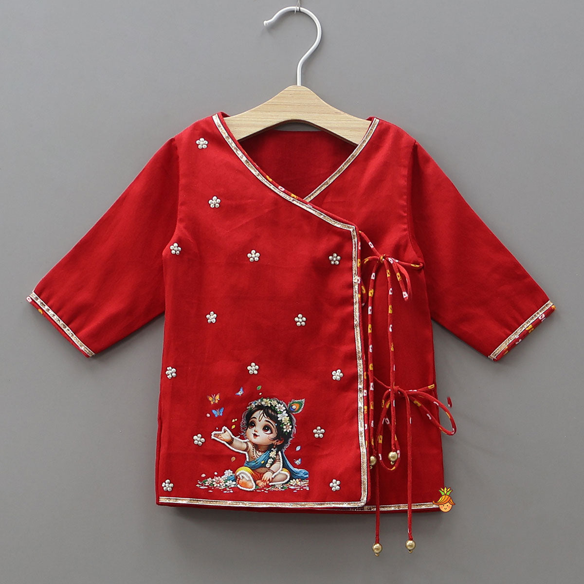 Krishna Motif Printed Kurta And Dhoti With Mukut And Basuri
