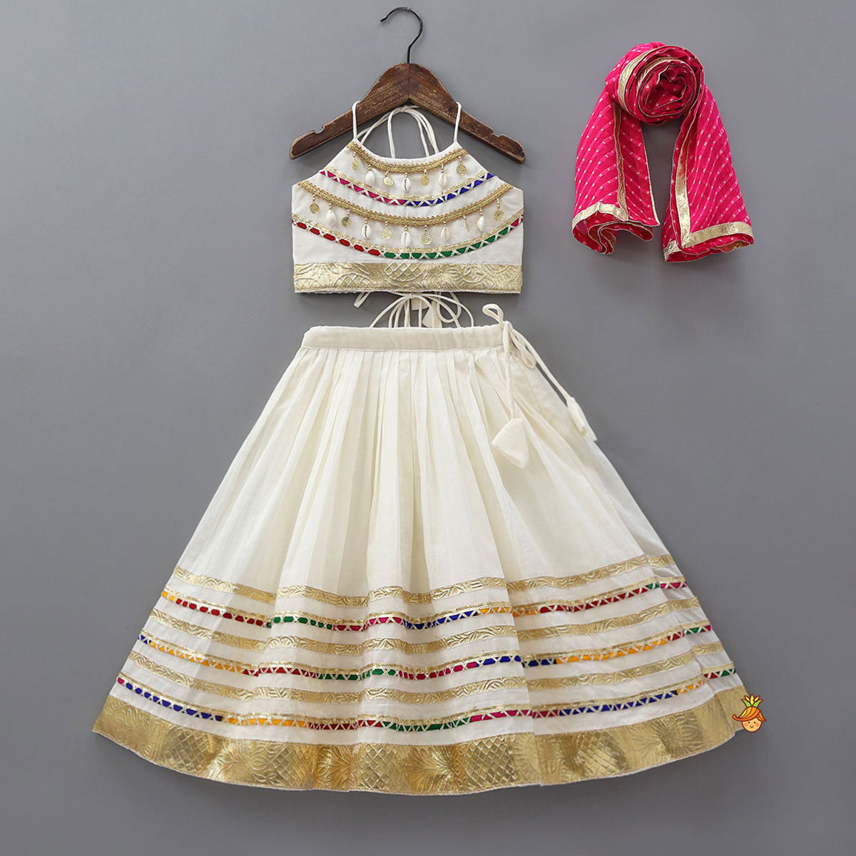 Contrasting Lace Work Halter Neck Crop Top And Lehenga With Leheriya Printed Dupatta