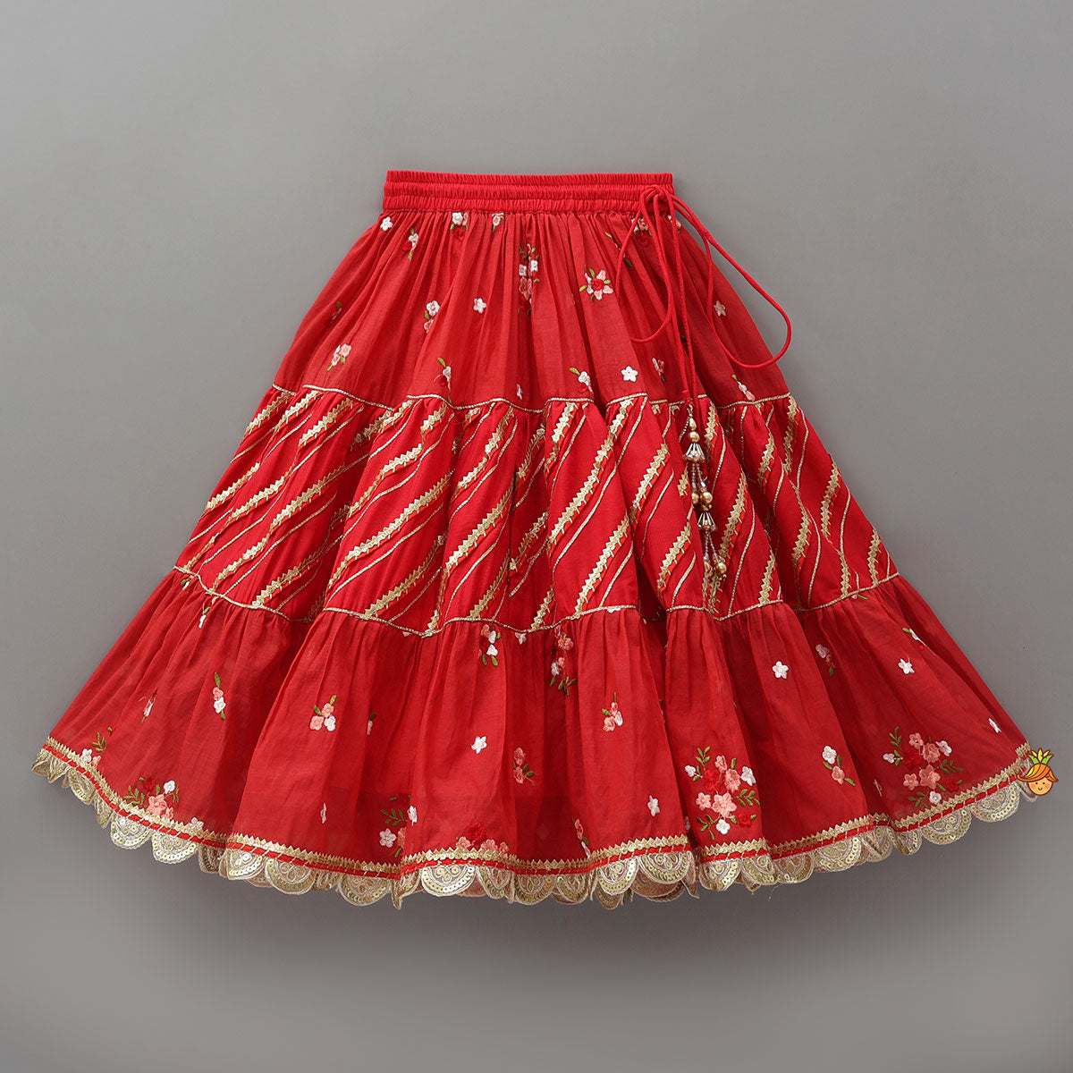 Graceful Pleated Crop Top And Floral Tiered Lehenga With Dupatta