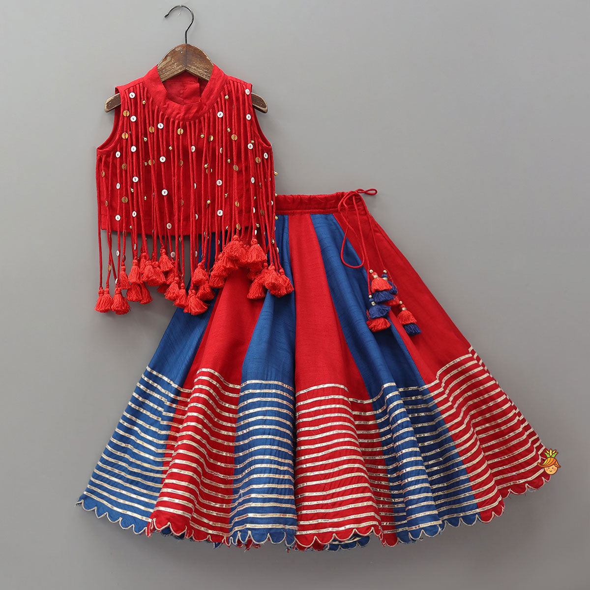Elegant Multiple Hanging Tassel Detail Crop Top And Colourful Lehenga