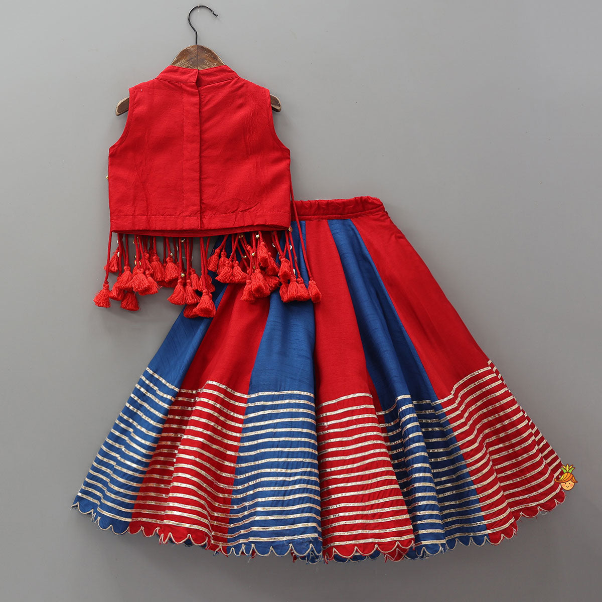 Elegant Multiple Hanging Tassel Detail Crop Top And Colourful Lehenga