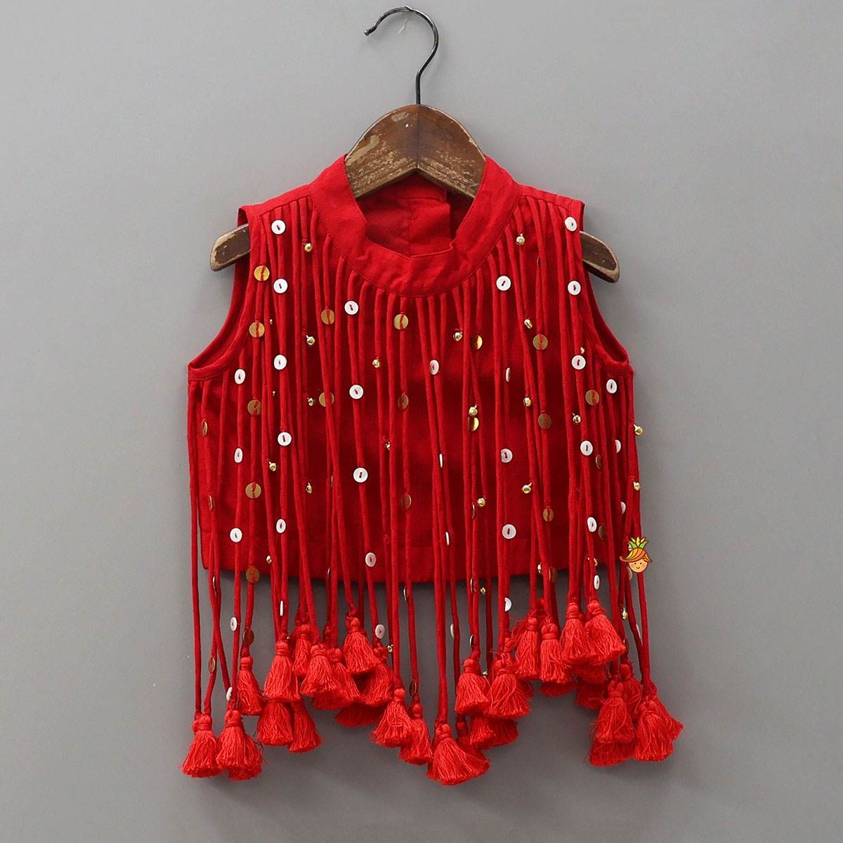 Elegant Multiple Hanging Tassel Detail Crop Top And Colourful Lehenga